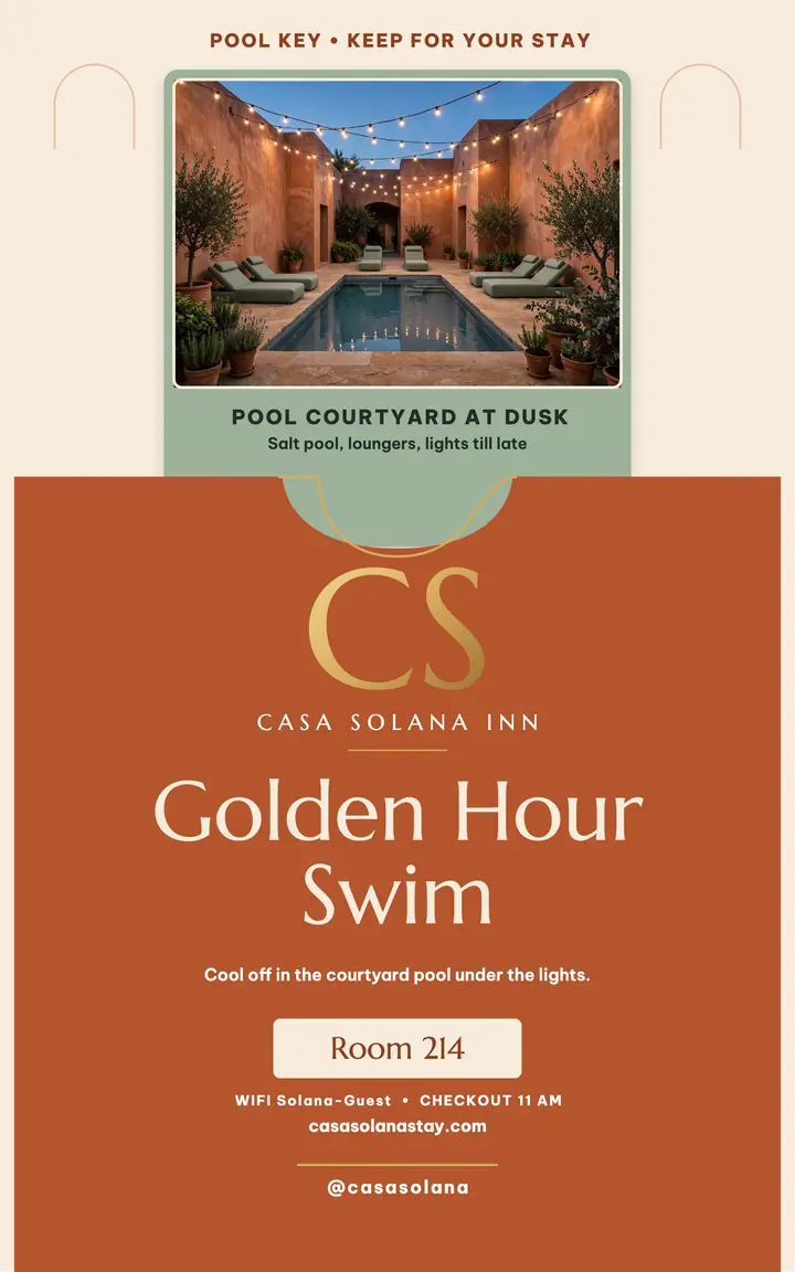 Casa Solana key sleeve, pool courtyard: hotel keycard sleeve template