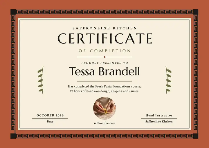 Saffronline pasta course certificate template