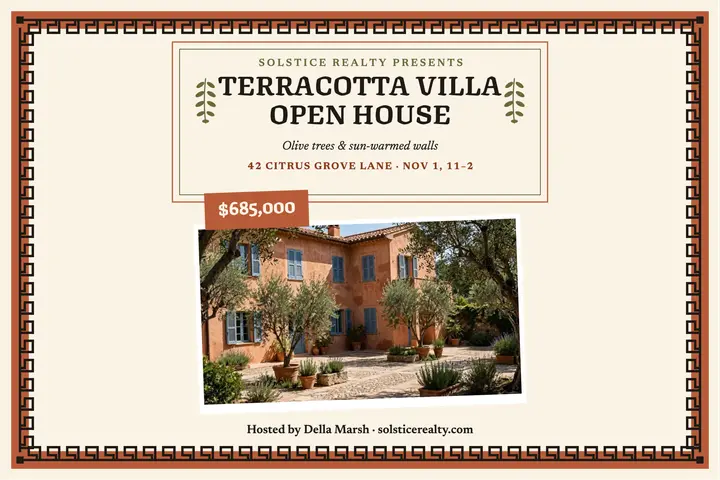 Terracotta villa open house postcard: villa open house postcard template