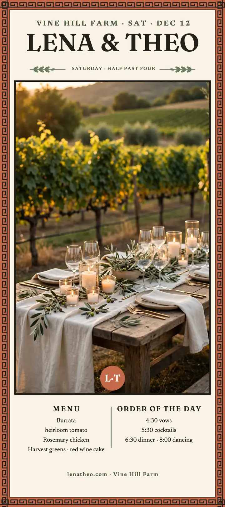 Lena and Theo vineyard wedding menu rack card template