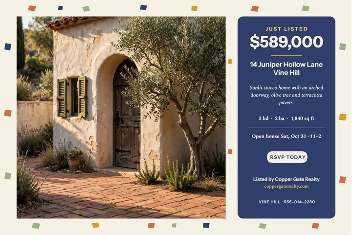 Stucco home just listed postcard template