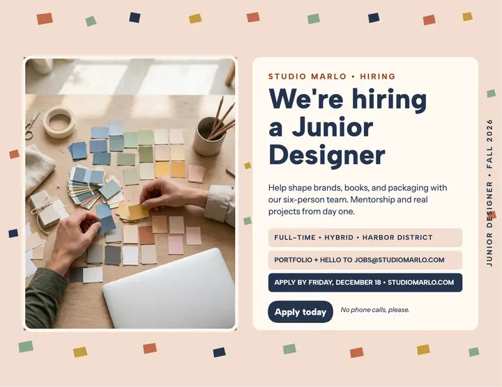 Studio Marlo junior designer hiring flyer: hiring flyer template