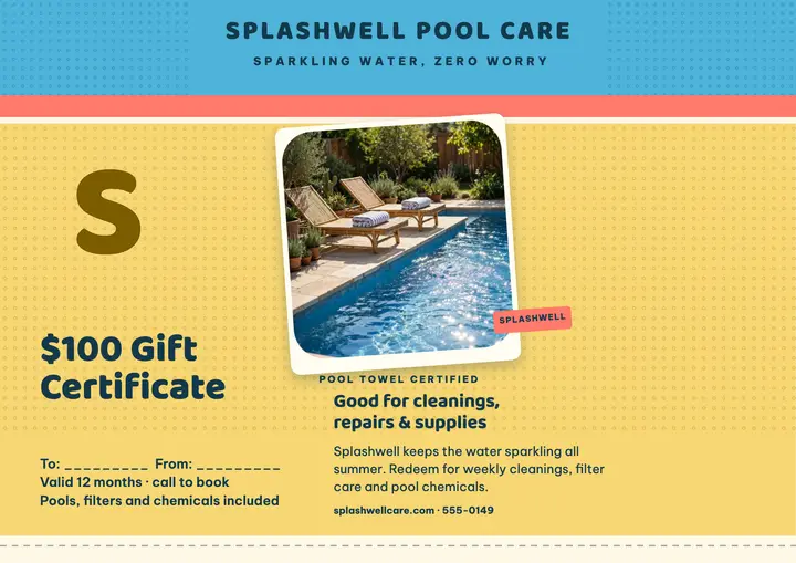 Splashwell Pool Care gift certificate template