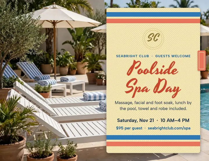 Seabright poolside spa day flyer, terry towel template