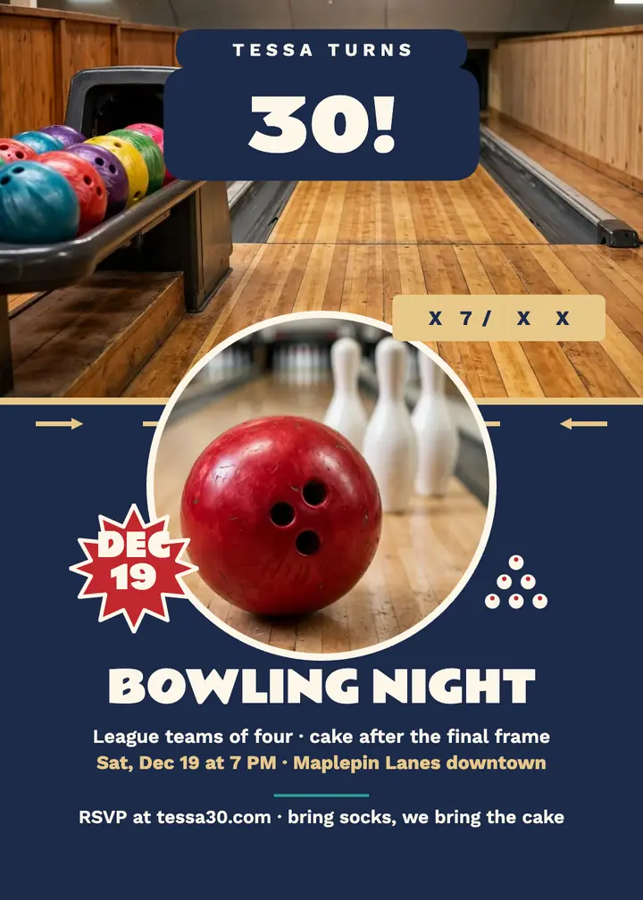 Tessa bowling 30th night invitation template