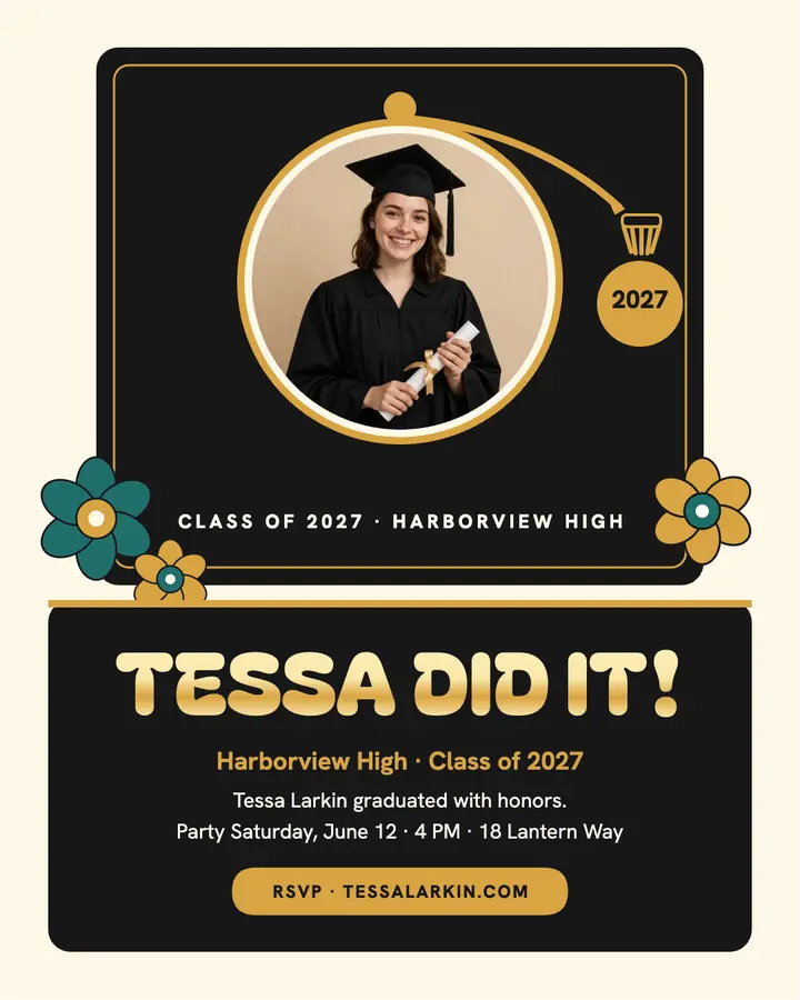 Glitter grad cap announcement, Tessa: graduation announcement post template