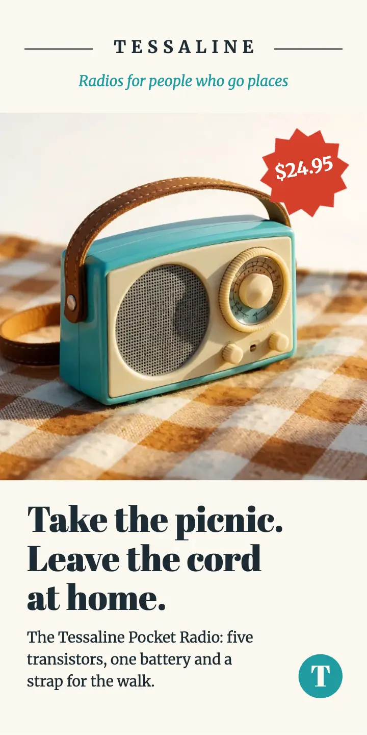 Tessaline pocket radio half-page ad, sixties print ad template