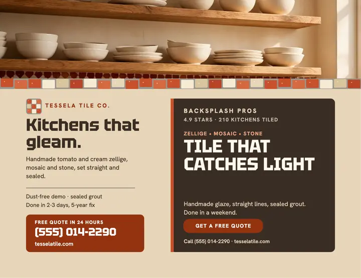 Tessela backsplash flyer, mosaic tile: tile installer flyer template