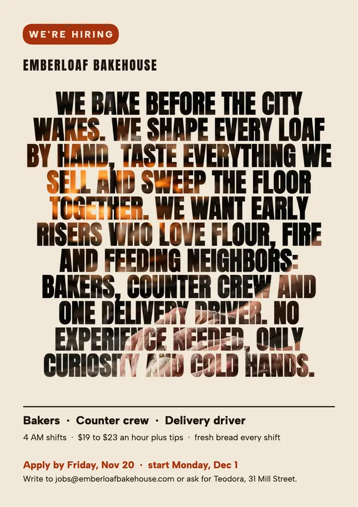 Emberloaf Bakehouse hiring manifesto flyer template