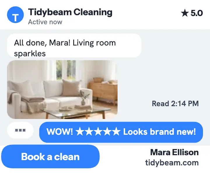 Tidybeam cleaner text thread review ad: cleaning review ad template
