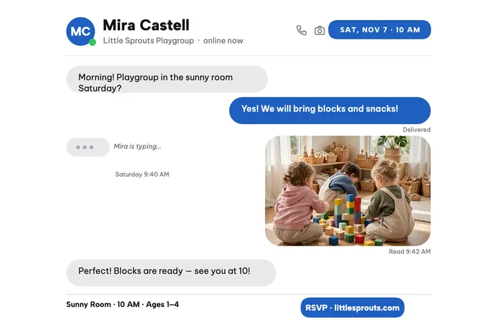 Little Sprouts playgroup chat thread postcard: playgroup chat invite template