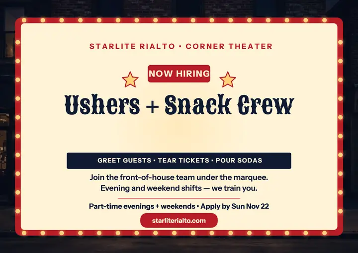 Starlite Rialto ushers hiring card template