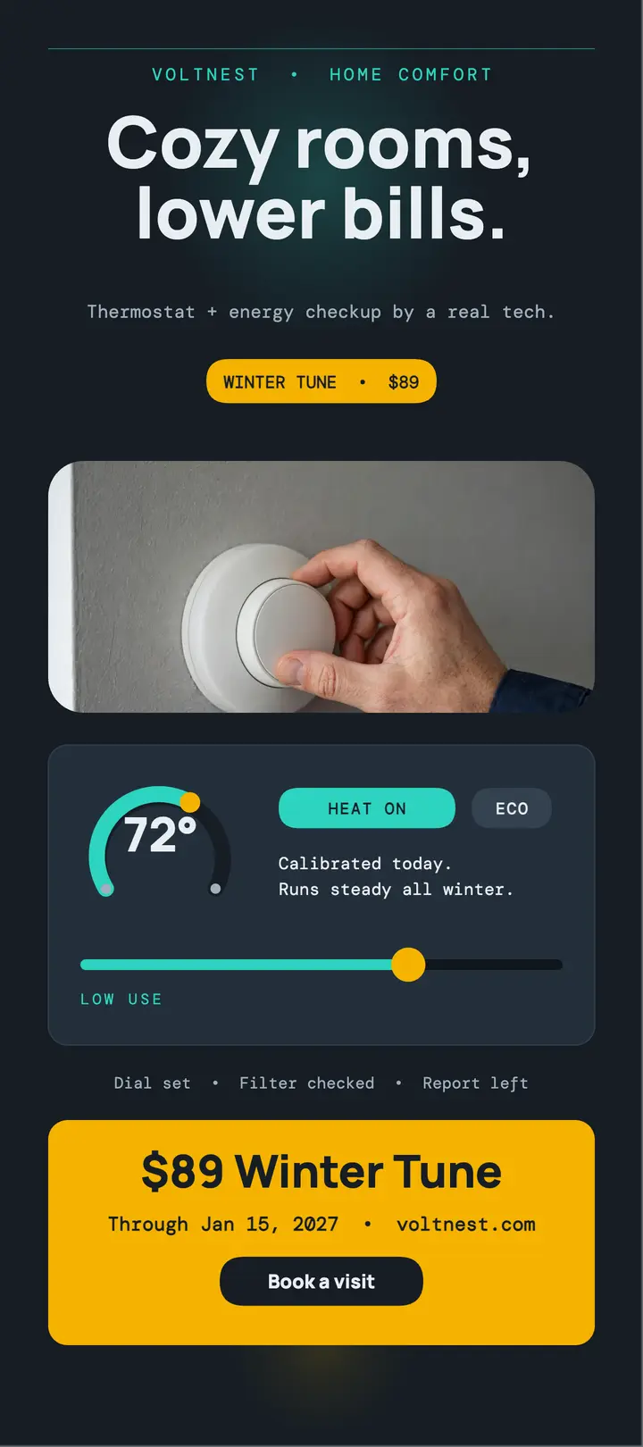 VoltNest thermostat tune-up rack card template