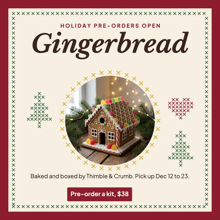 Thimble & Crumb gingerbread house kits post, cozy cross-stitch template