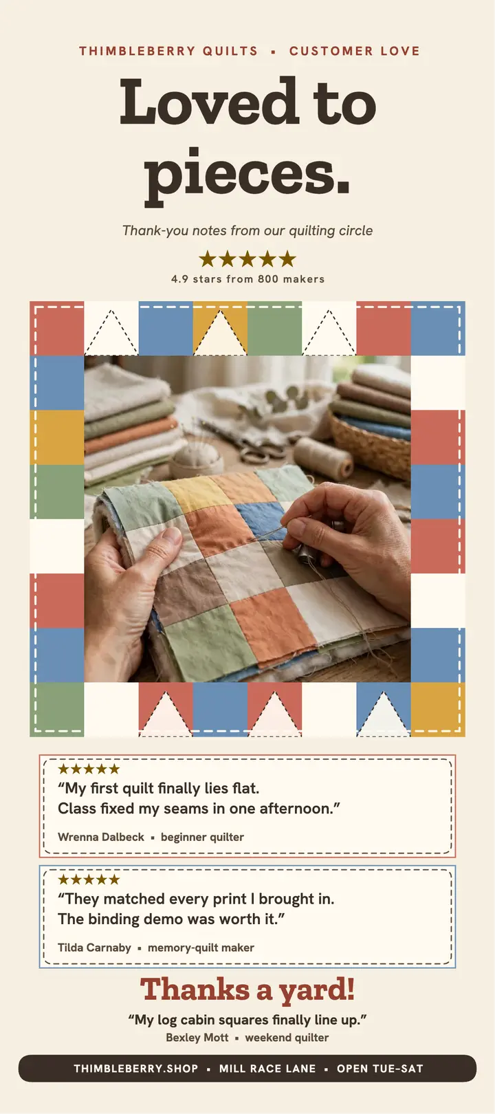 Thimbleberry Quilts reviews rack card template