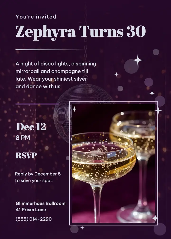 Zephyra turns 30 mirrorball invitation template