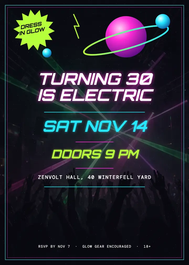 Turning 30 Is Electric rave birthday invitation template