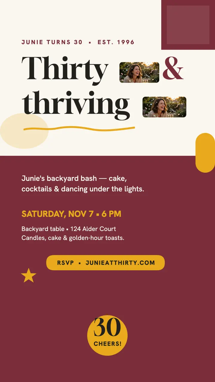 Junie thirty and thriving photo story template