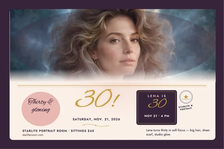Lena thirty glamour studio postcard: 30th birthday postcard template