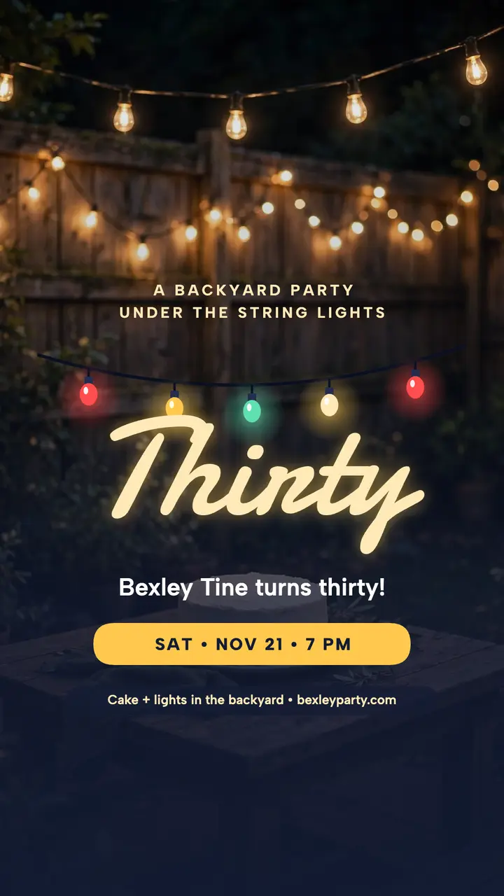 Bexley Thirty backyard lights birthday story: birthday story template