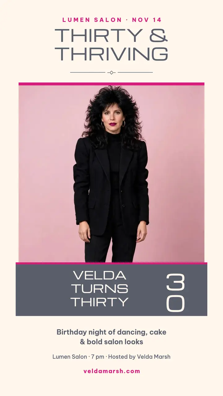 Velda's Thirty and Thriving salon story template