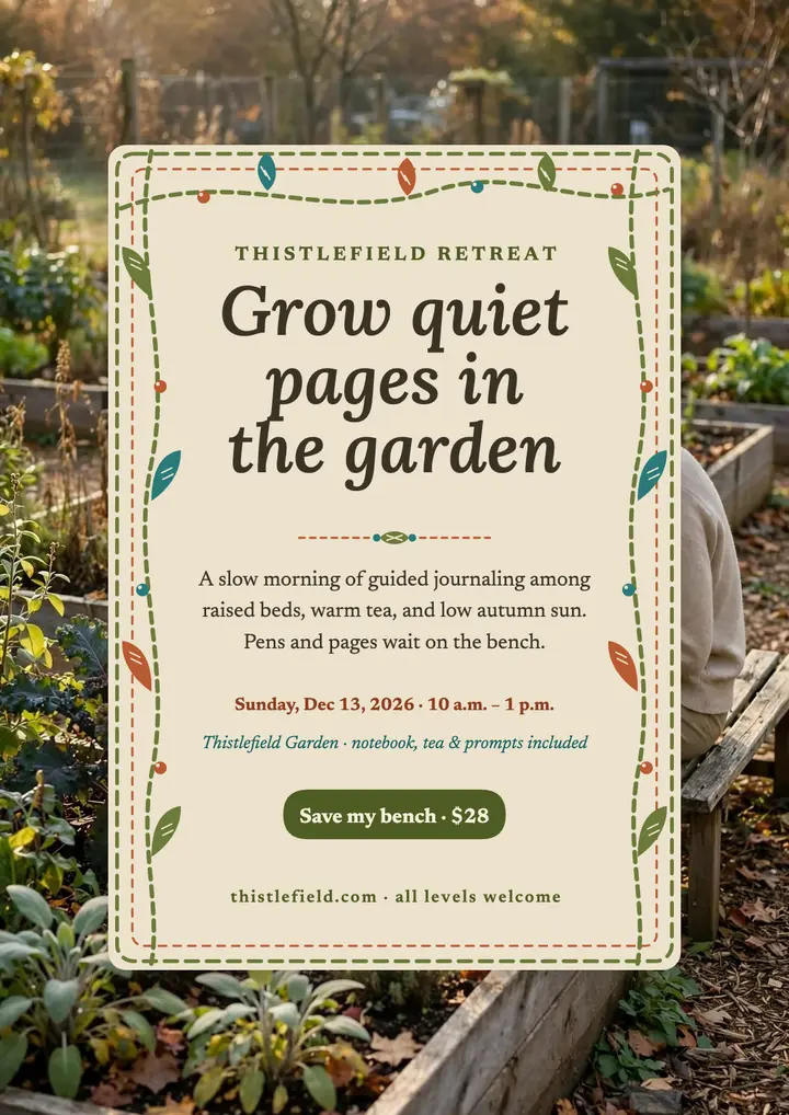 Thistlefield garden journal retreat flyer: garden journaling flyer template
