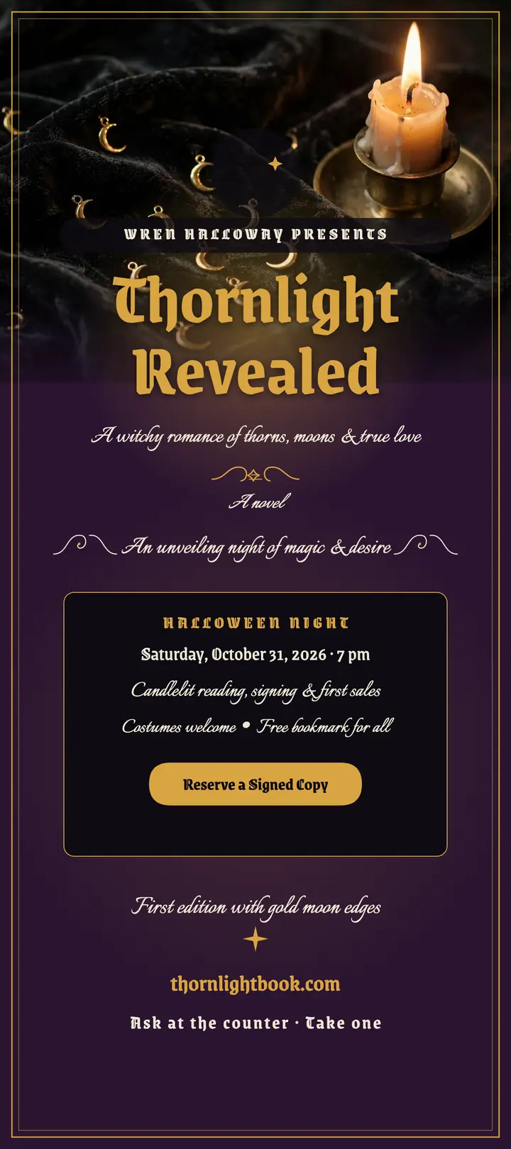 Thornlight witchy romance launch rack card: romance novel launch rack card template