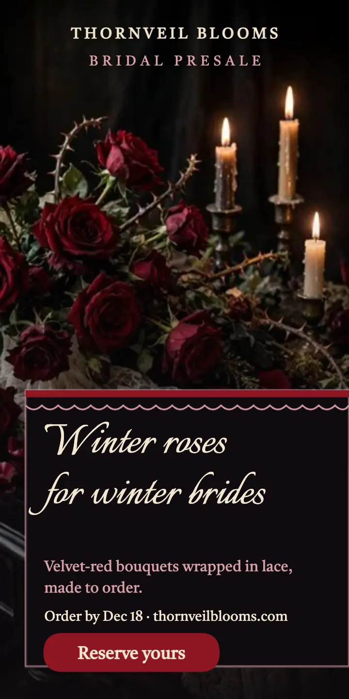 Thornveil winter rose bridal presale ad: bridal bouquet presale ad template
