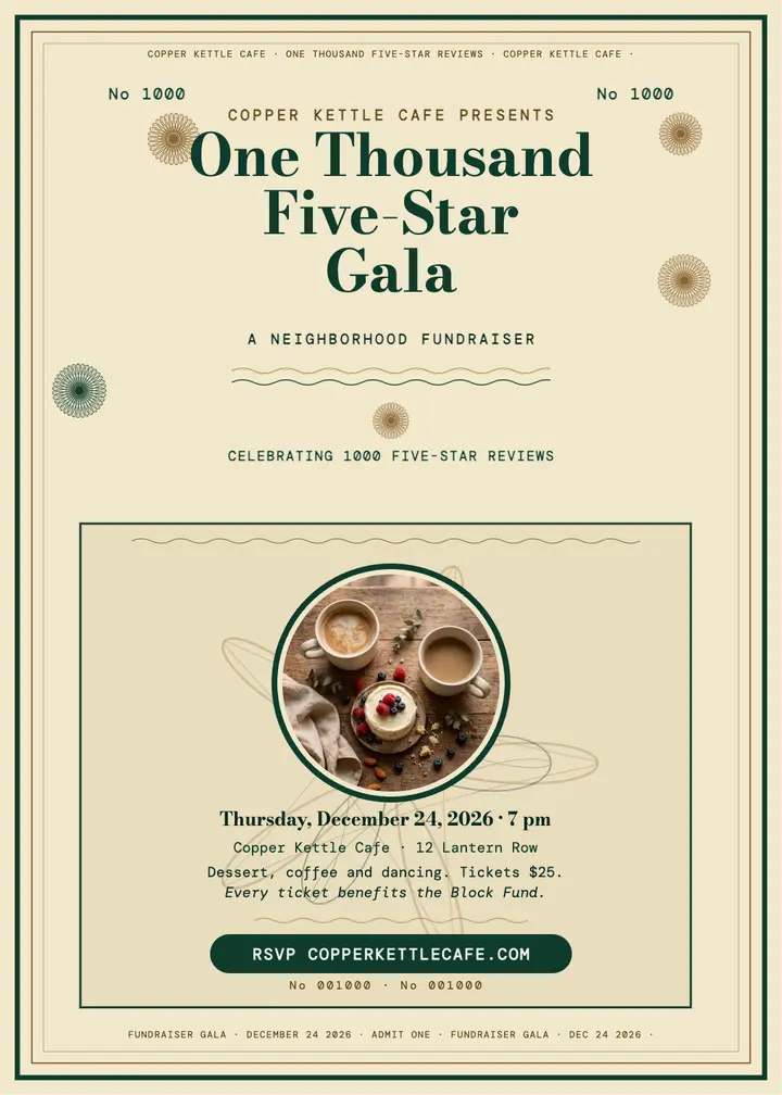 Copper Kettle thousand reviews gala invitation template