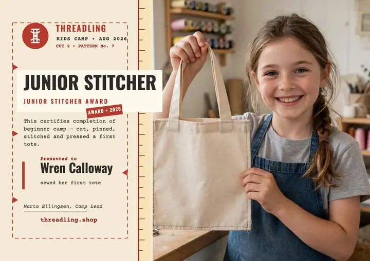 Threadling Junior Stitcher certificate: kids sewing camp certificate template