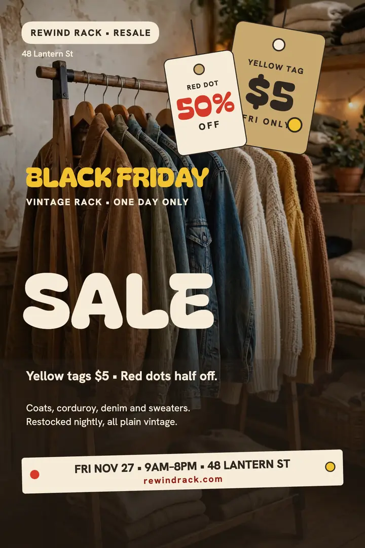 Rewind Rack Black Friday thrift sale poster template