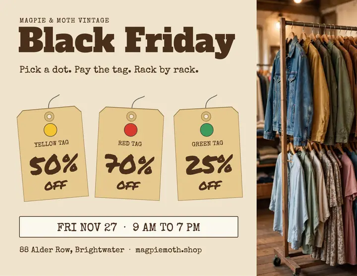 Magpie & Moth Black Friday thrift tag sale flyer template