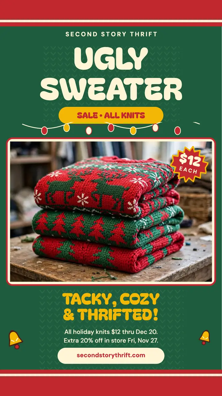 Second Story Thrift ugly sweater sale story template