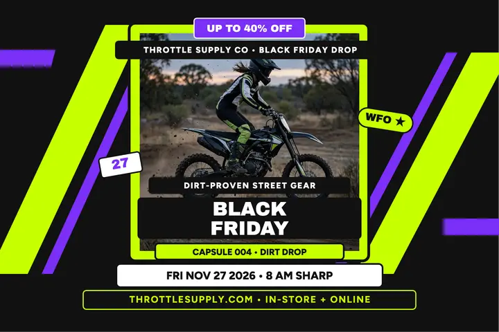 Throttle Supply moto drop postcard: black friday streetwear drop template