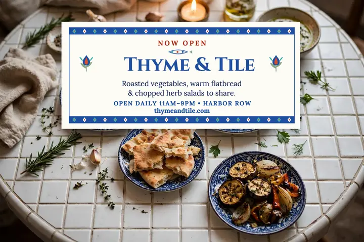 Thyme and Tile small plates opening postcard: restaurant opening postcard template