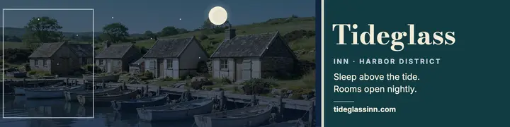 Tideglass Inn moonlit harbor banner template