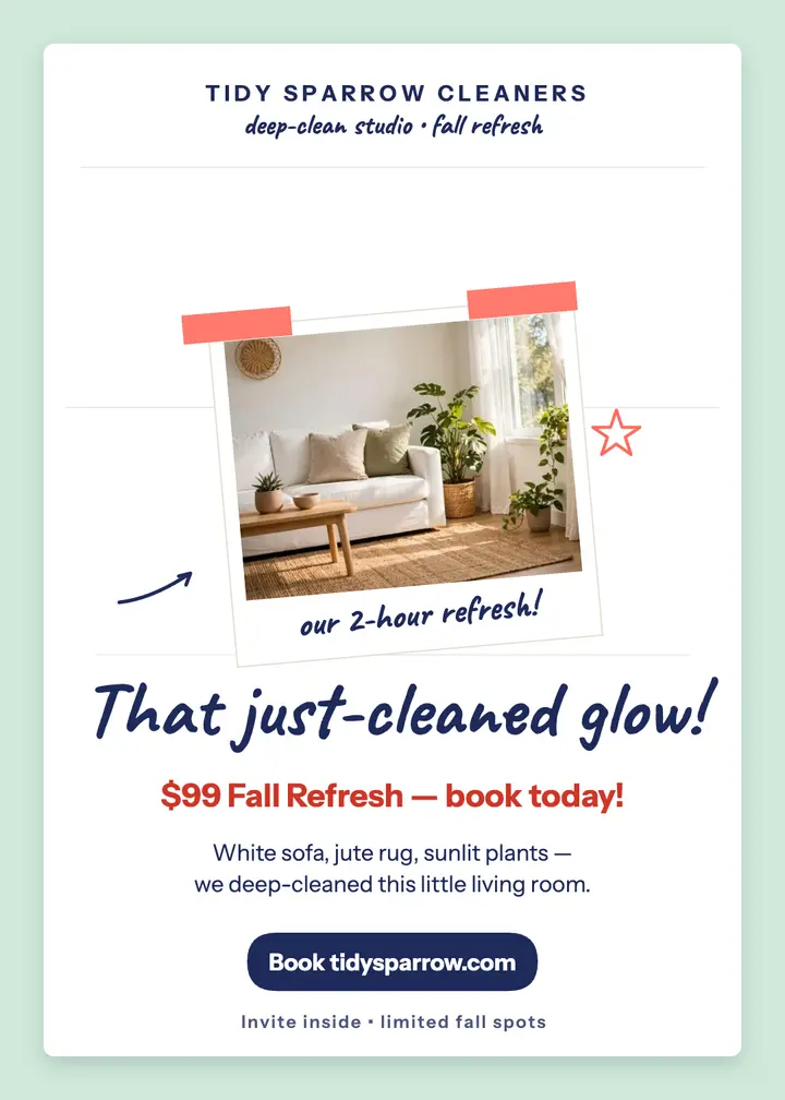 Tidy Sparrow deep-clean note invitation: cleaning promo invitation template