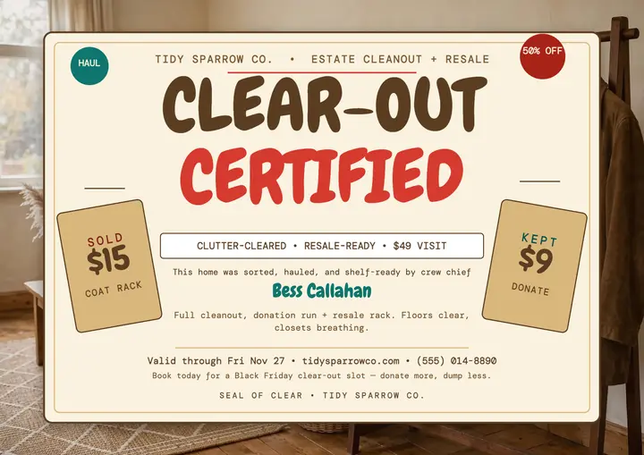 Tidy Sparrow clear-out certified certificate template