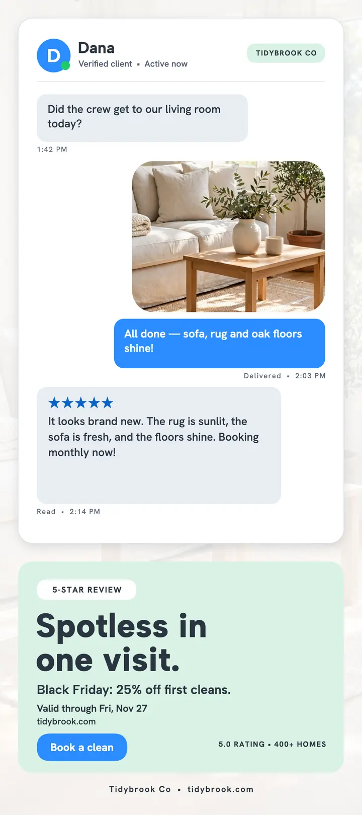 Tidybrook Co chat review rack card template