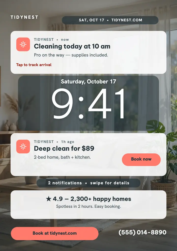 TidyNest lock-screen cleaning flyer template