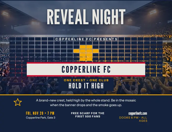 Copperline FC crest reveal night flyer: soccer crest reveal flyer template