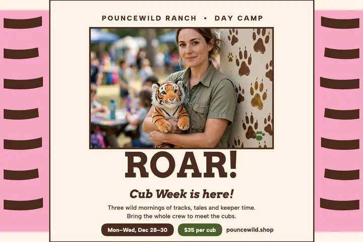 Pouncewild Ranch Cub Week postcard: wildlife camp postcard template