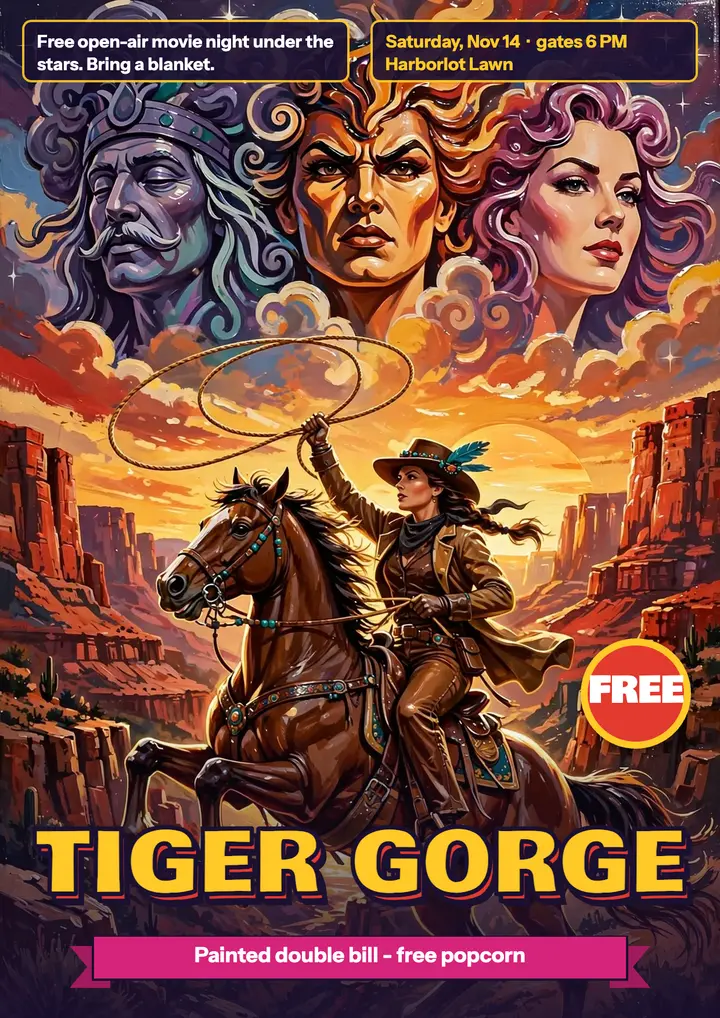 Tiger Gorge painted movie night flyer: open-air movie night flyer template