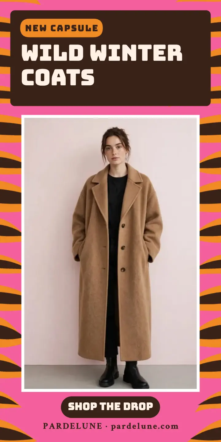 Wild Winter Coats capsule drop, tiger-stripe half-page ad template