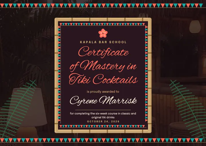 Tiki cocktail mastery certificate template
