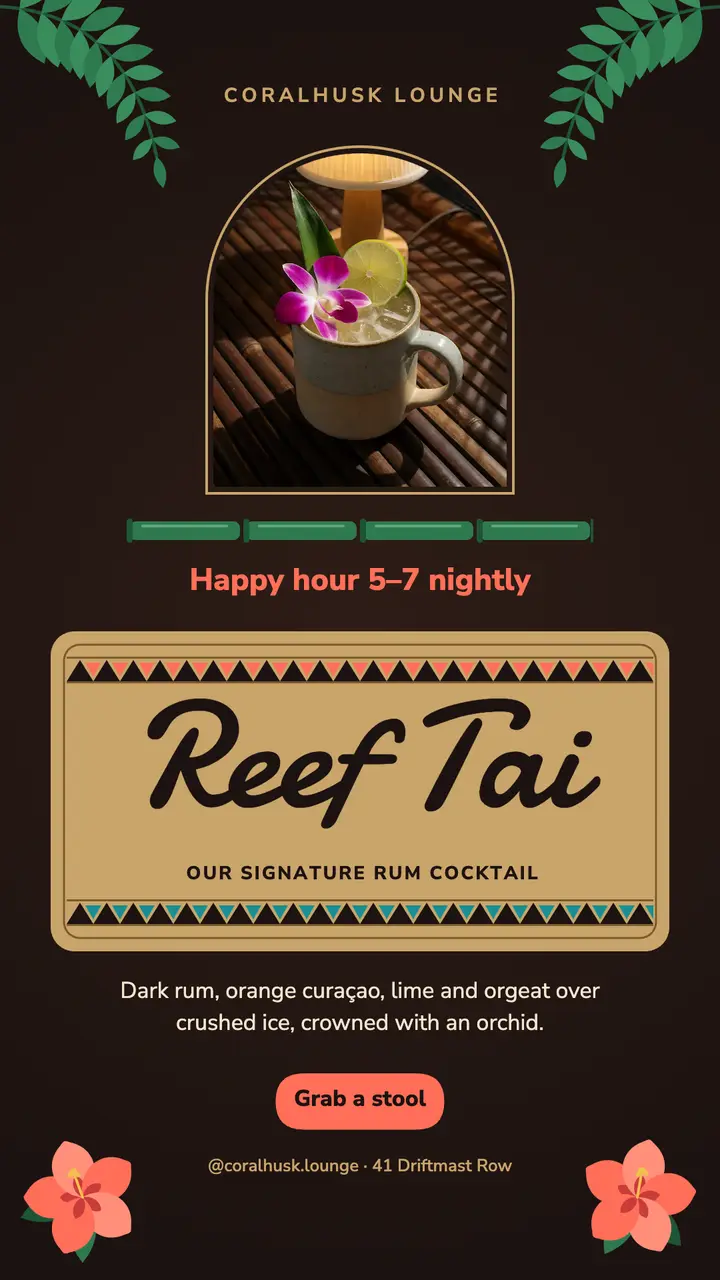 Coralhusk Lounge late happy hour rum cocktail story template