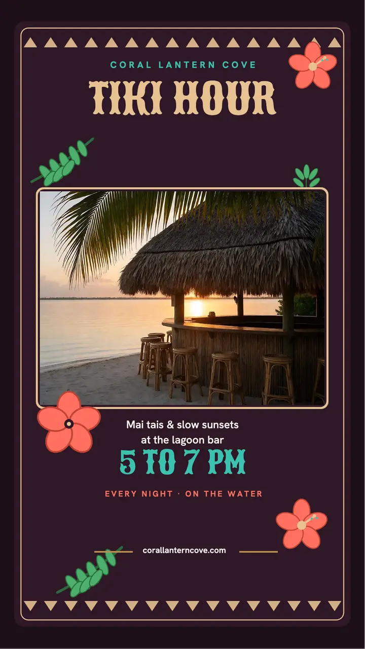Coral Lantern Cove tiki getaway story: tiki bar story template