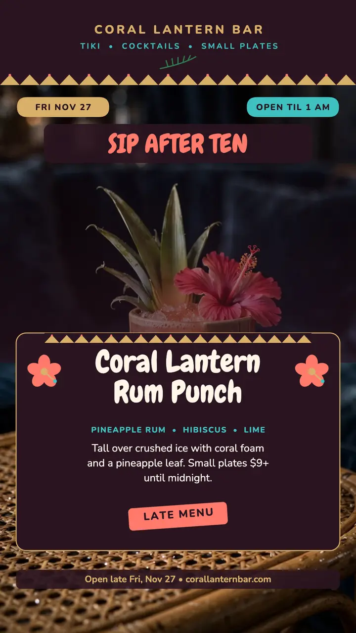 Coral Lantern late tiki menu story template