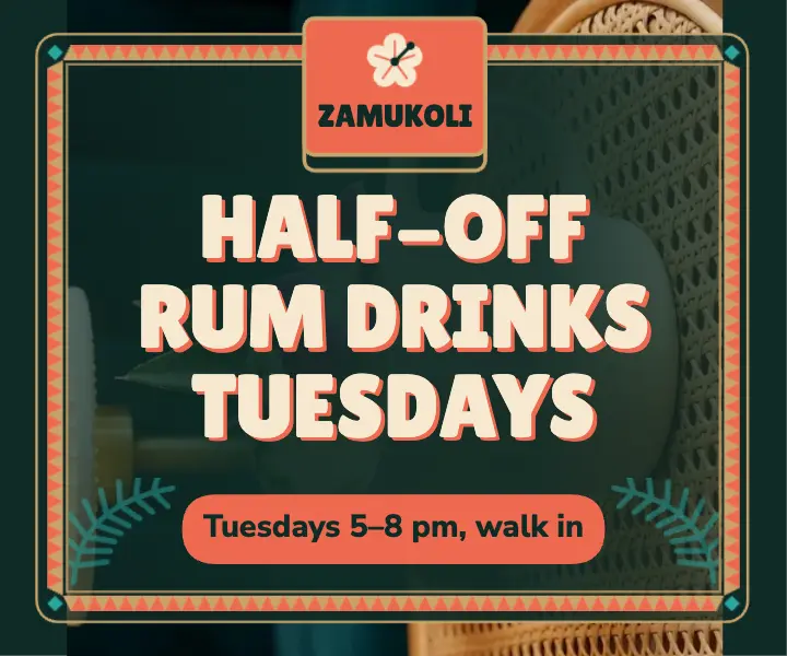Zamukoli tiki lounge Tuesday happy hour ad template