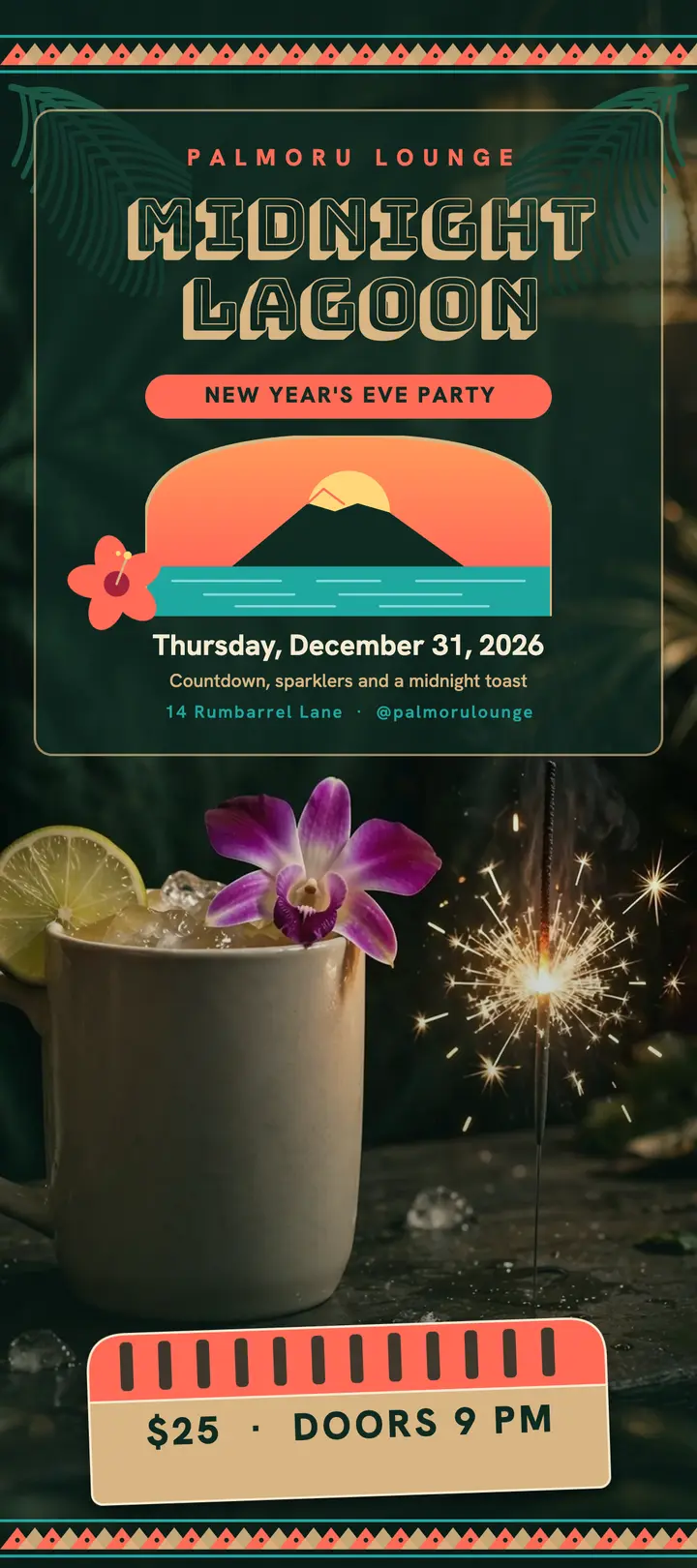 Palmoru Lounge Midnight Lagoon New Year's Eve rack card: new year's eve party rack card template